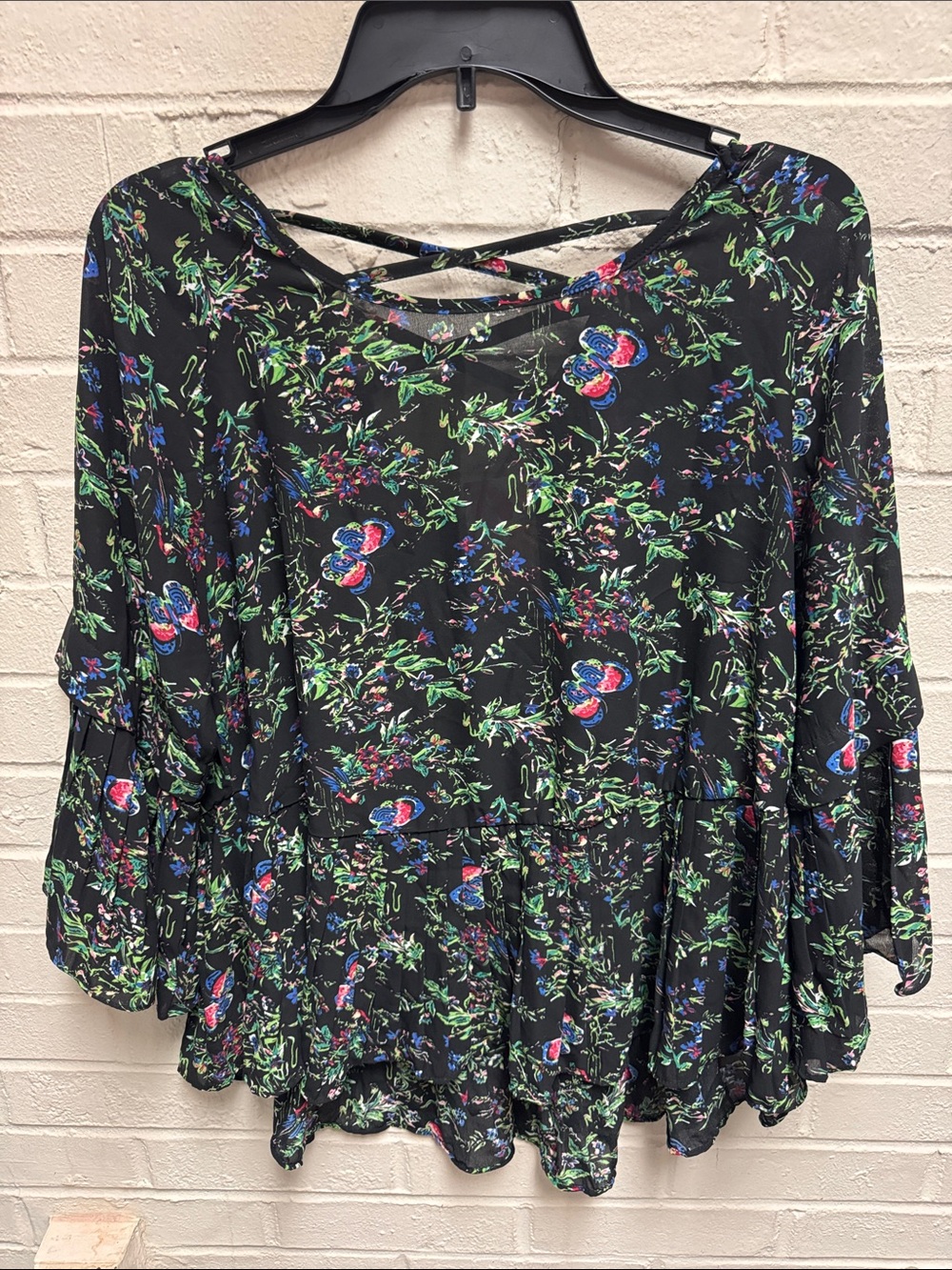 entro Black Floral Crisscross Peplum Blouse with Green and Blue Print